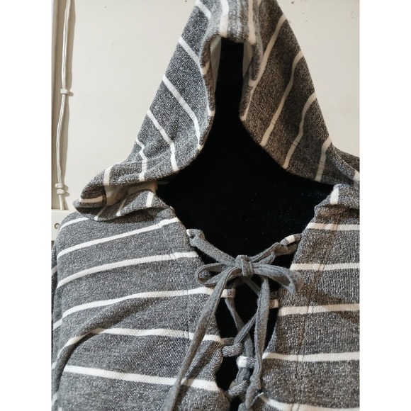 Billabong Grey White Striped Lace Up Hoodie French Terry Pullover womens Medium - Picture 4 of 5